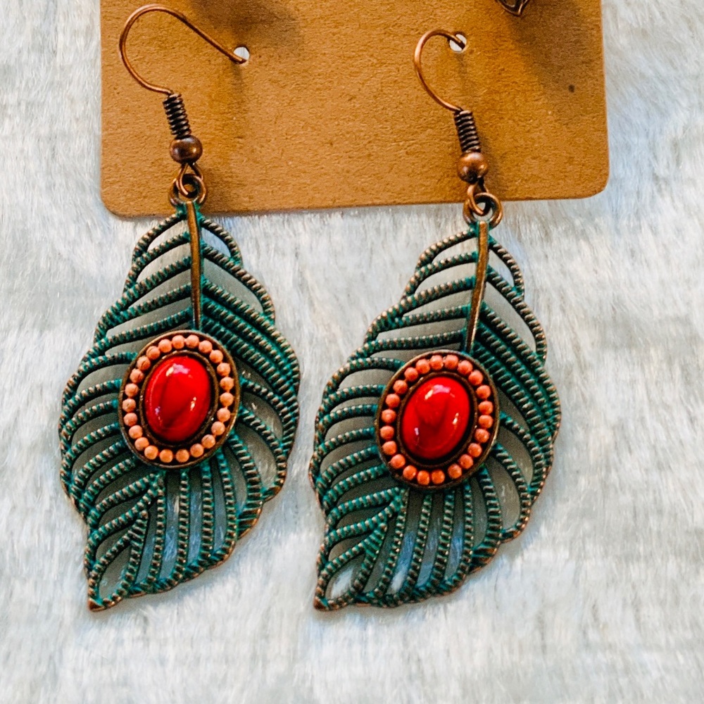 BOGO Leaf Patina Blue Dangle Filigree Red Bold Stone Oil Rubbed Bronze Hearts